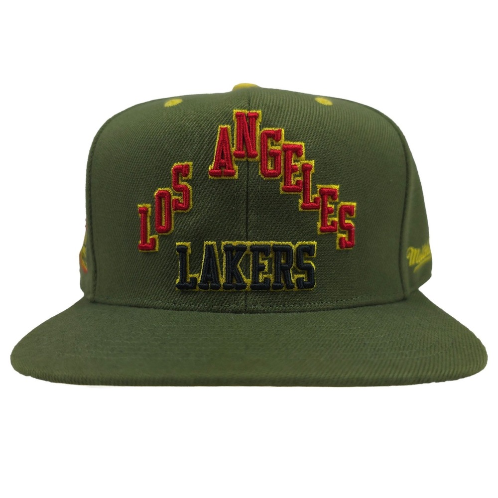 LA Lakers Mitchell & Ness NBA Fitted 7 3/8 Flatbill Hat Cap 3D Logo Olive NWT